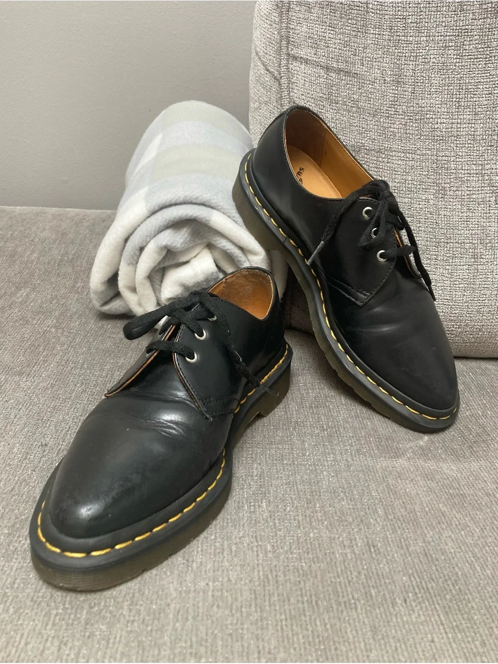 Dr. Martens Black Leather 3-Eye Derby with Yellow Stitching